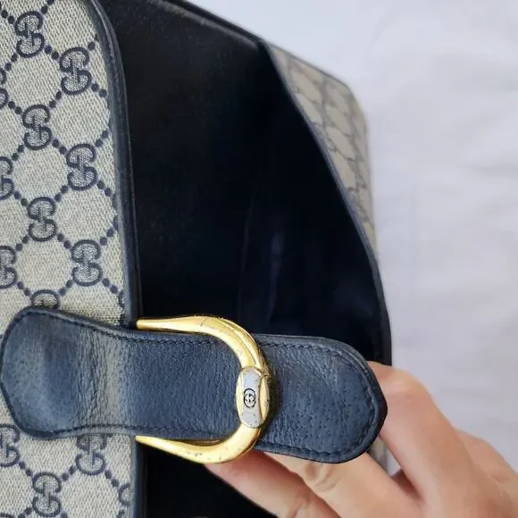 VINTAGE Gucci GG Web Coated Canvas Shoulder Bag Blue White Leather Trim Chain - Picture 8 of 14